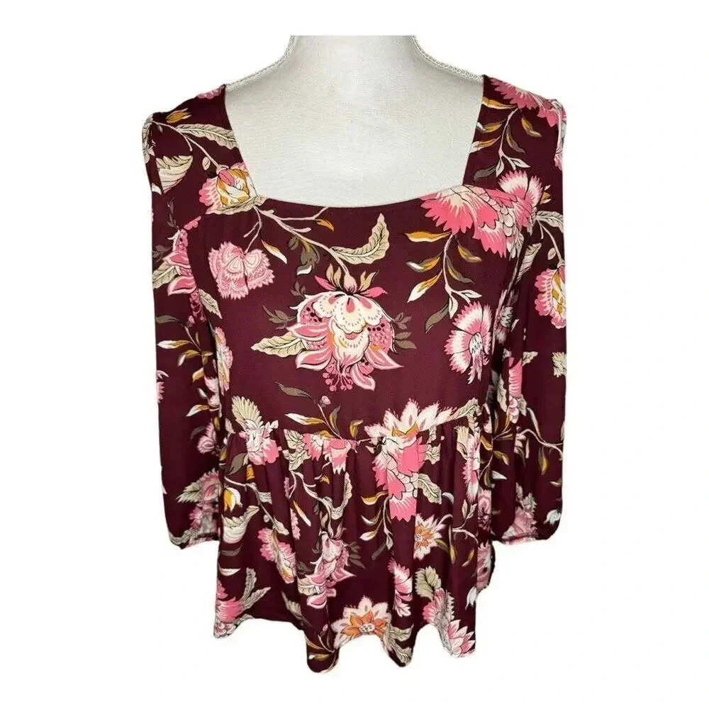 Loft Outlet Women's Floral Peplum Top Square Neck 3/4 Sleeve Size S Multicolor